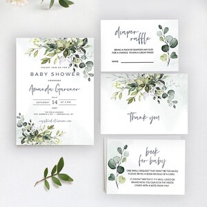 Greenery Baby Shower Invitation Set: Thank You, Book, Raffle (POE)