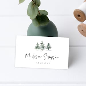 Place Card Template, Printable Wedding Escort Card, INSTANT DOWNLOAD, 100% Editable Seating Card, Watercolor Pine Tree, Forest, Woodland