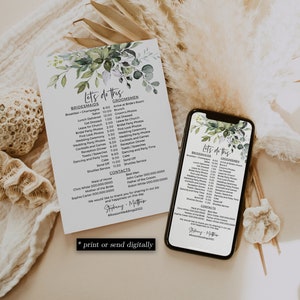 Eucalyptus Wedding Order of Events, Bridal Party Timeline, Instant Download, Editable, Templett, POE