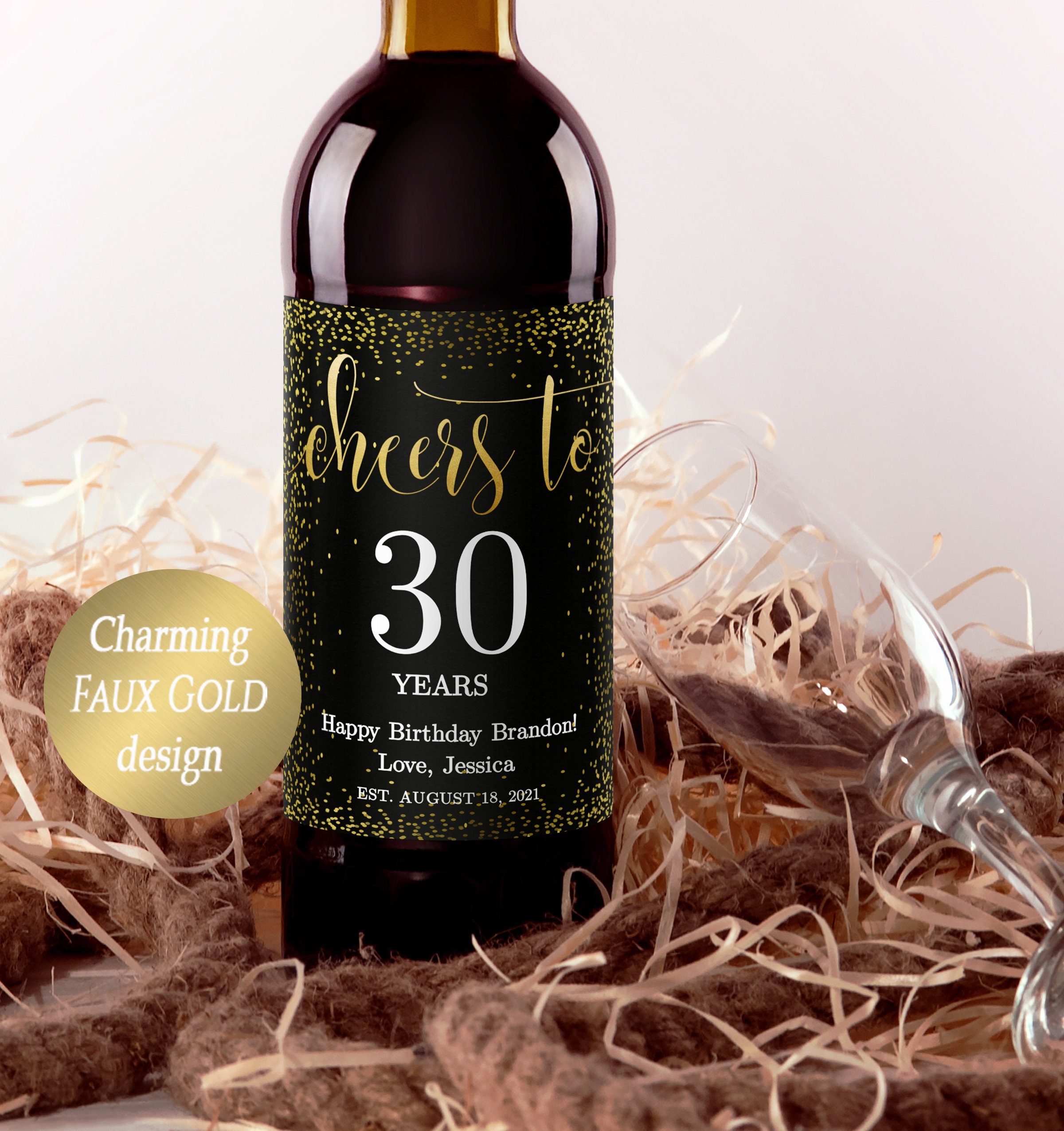 Personalized Birthday Wine Label: Faux Gold, Any Age (Edit Yourself)