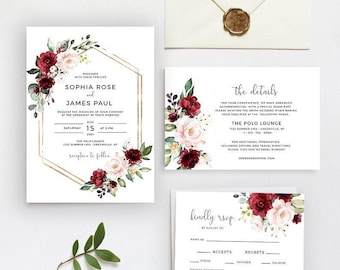Wedding Invitation Template, Red Floral, Instant Download, Printable Invite, Edit with Templett