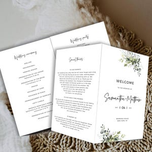 Folded Wedding Program Booklets, Printable Greenery Order of Service, Instant Download, Templett, POE