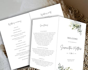 Folded Wedding Program Booklets, Printable Greenery Order of Service, Instant Download, Templett, POE