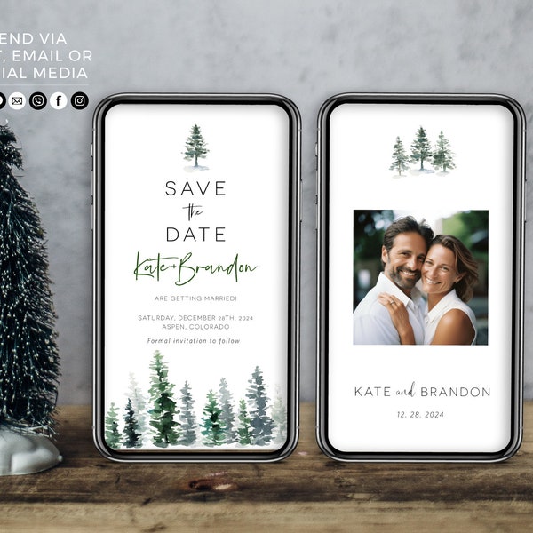 Electronic Save the Date Template, Text Message Invite, Pine Tree Forest Evite, DIY, Digital Download, Edit with Templett, POF