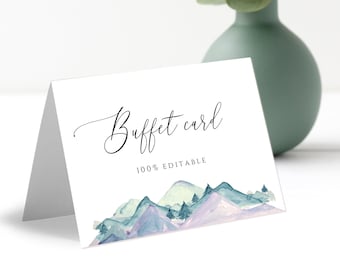Mall för bröllopsbuffé för berg, buffématetikettkort, buffétältkort, direktnedladdning, mall, 100 % redigerbar