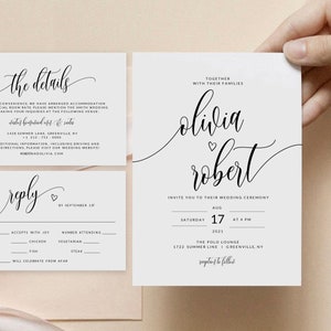 Calligraphy Wedding Invitation Template Set  Modern Wedding Invite, RSVP, Details, Instant Download, 100% Editable Text, Templett