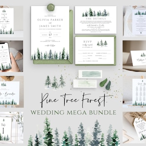 Pine Tree Forest Wedding Invitation Mega Bundle, Printable Wedding Invites, Editable Templates, Templett, Digital Download