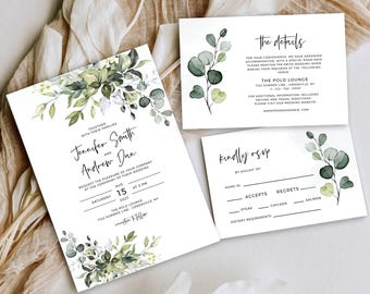 Eucalyptus Wedding Invitation Suite: Greenery Invite, RSVP and Details Template (Digital Download, POE)