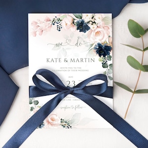 Navy Blau Blush Rosa Hochzeitseinladung Vorlage zum Ausdrucken, Hochzeit einladen, Mit Templett bearbeiten