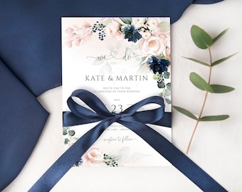 Navy Blue Blush Pink Wedding Invitation Template, Printable Wedding Invite, Edit with Templett