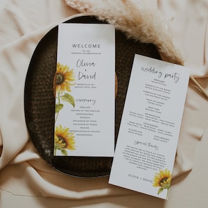 May include: Two wedding ceremony programs with sunflower illustrations. The left program reads "Welcome to the Wedding Celebration of Olivia + David" and lists the ceremony order. The right program lists the wedding party.