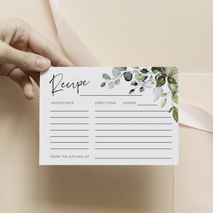 Recipe Card, Greenery Bridal Shower Recipe Insert Template, Instant Download, Edit with Templett, POE