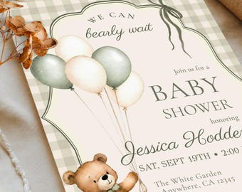 Redigerbar "We Can Bearly Wait"-inbjudan till babyshowern, brun nallebjörn med ballonger, Canva-mall, digital nedladdning #SAG