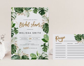 Tropical Bridal Shower Invitation and Recipe Card Template: Editable Printable Wedding Shower Invite (Instant Download)