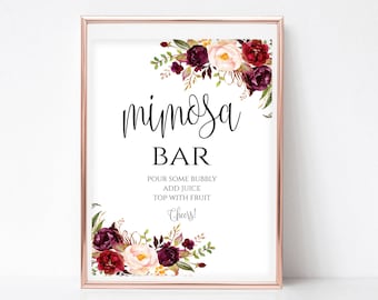 Mimosa Bar Sign: Burgundy Floral Brunch Decor (Digital Download), Pastel Blooms