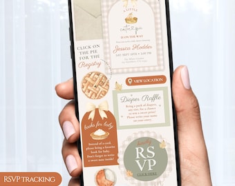 Inbjudan till höstens babyshower-hemsida, digital inbjudan till Cutie Pie, spårning av OSA-formulär online, redigerbar Canva-mall, direktnedladdning, #PIE
