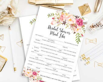 Printable Bridal Shower Mad Libs Game Cards Bridal Shower Madlibs Tea Party Bridal Cards Bridal Shower Activity Printable Game Pastel Blooms