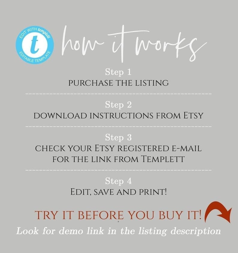 May include: A graphic with the text "how it works" and four steps to purchase and download a digital template. Step 1: Purchase the listing. Step 2: Download instructions from Etsy. Step 3: Check your Etsy registered email for the link from Templett. Step 4: Edit, save and print. The graphic also includes the text "Try it before you buy it!" and "Look for demo link in the listing description."