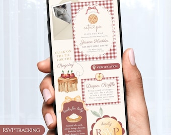 Inbjudan till babyshower-webbplats, digital inbjudan till Cutie Pie, spårning av OSA-formulär online, redigerbar Canva-mall, direktnedladdning, #PIE