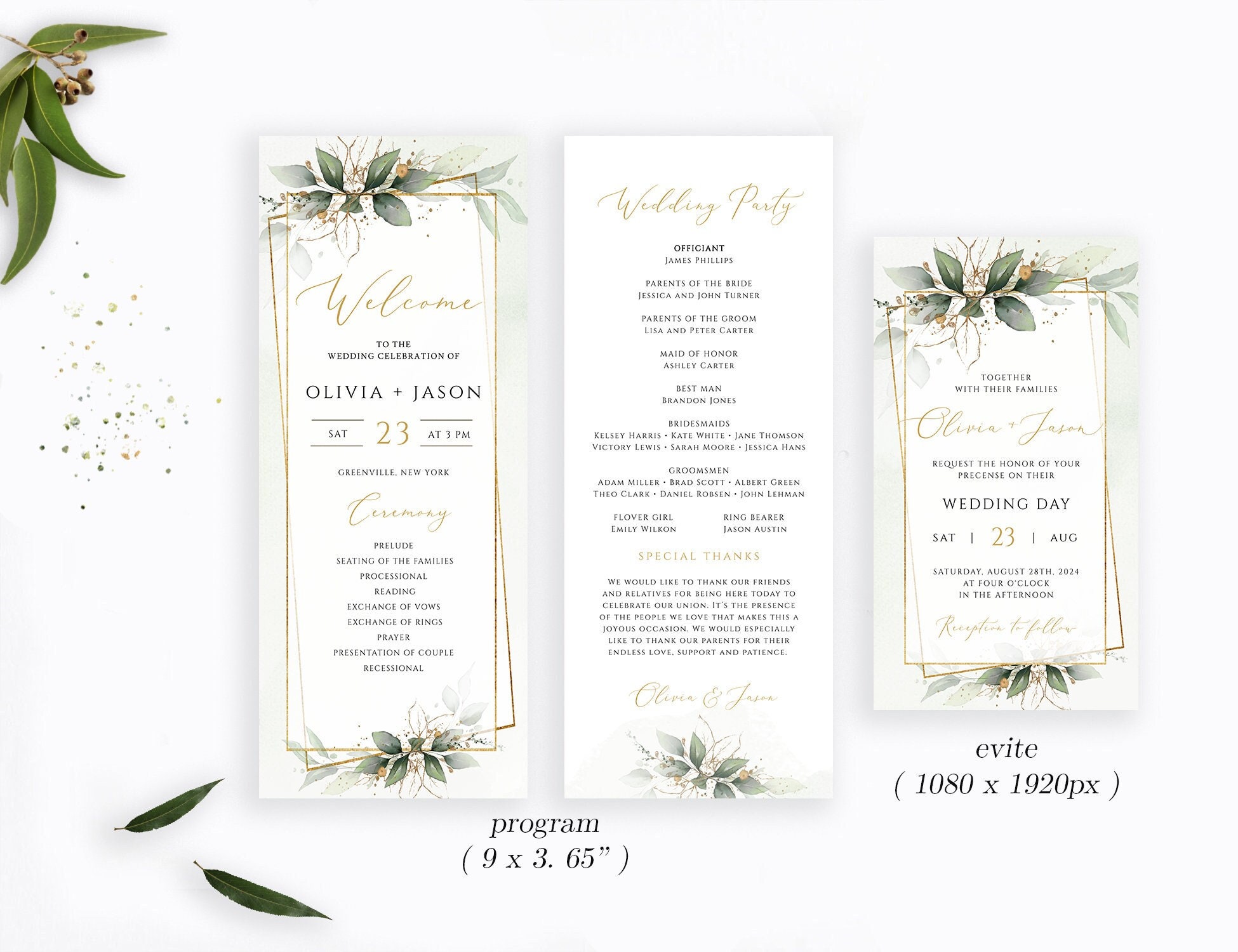 Greenery Wedding Invitation Set: Gold Details (instant Download