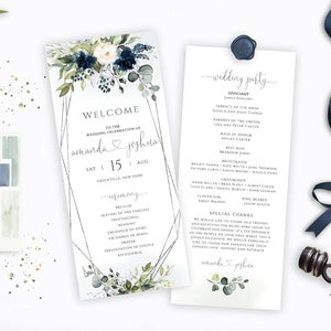 May include: A wedding ceremony program with a watercolor floral design in shades of blue and green. The program includes the names Amanda and Joshua, the date August 15th, and the location Greenville, New York. The program also includes a list of the wedding party and special thanks.
