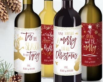 Funny Christmas Wine Labels, Printable Holiday Wine Label Template, Set of 4, Christmas Gift, Instant Download