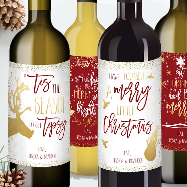 Etiquetas de vino navideñas divertidas, plantilla de etiqueta de vino navideña imprimible, juego de 4, regalo de Navidad, descarga instantánea