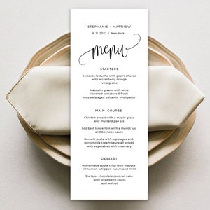 Calligraphy Wedding Menu Template, Printable Dinner Menu, Instant Download, Templett, POPC