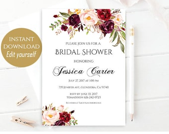 Floral Bridal Shower Invitation Template: Burgundy Peonies (Pastel Blooms)