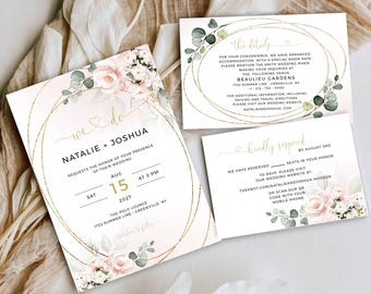 Ensemble de faire-part de mariage floral rose pâle : modèle modifiable (téléchargement numérique)