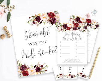 Burgundy Roses Bridal Shower Game: How Old Was the Bride? (Digital Download), Boho Chic