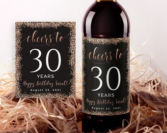 Birthday Wine Label Template Cheers To 30 Years, 40th Birthday 60th, Any Age, 100% Editable Text, Rose Gold, RGP