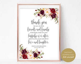 Personalized Wedding Thank You Sign To Our Family and Friends Wedding Reception Wedding Template Instant Download 4x6, 5x7, 8x10 Boho Chic