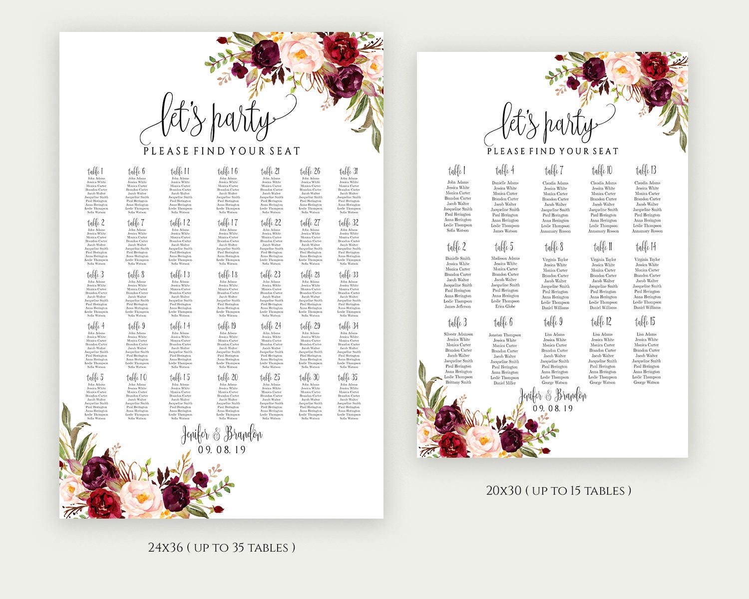 Large Seating Chart Template 5 Sizes up to 350 Editable | Etsy