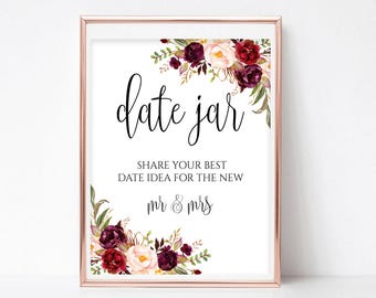 Floral Date Jar Sign Date Night Sign Date Jar Ideas Date Ideas Sign Date Night Jar Date Sign PDF Instant Download 4x6,5x7,8x10 Boho Chic