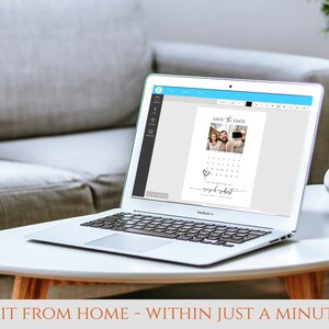 May include: A laptop computer displaying a wedding save the date card template with a photo of a couple. The card has a calendar design with the text "Save the Date" and the couple's names and wedding date.