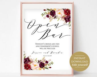 Open Bar Sign Wedding Bar Sign Template Wedding Drinks Sign Alcohol Sign cocktails Poster Instant Download PDF 4x6, 5x7, 8x10 DIY Boho Chic