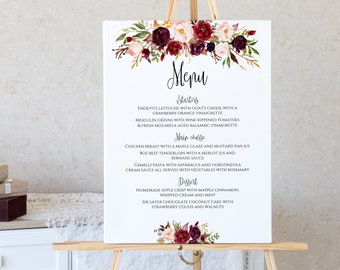 Wedding Menu Sign Wedding Menu Board Dinner Menu Wedding Printable Floral Wedding Sign DIY Wedding Template Maroon Burgundy Merlot Boho Chic