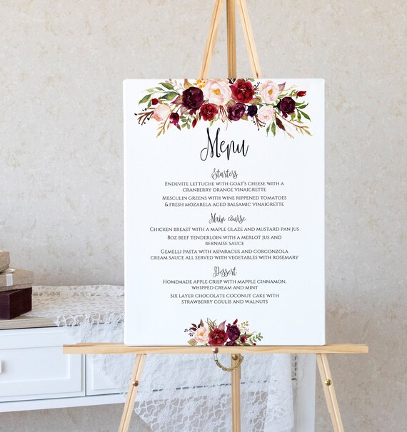 Wedding Menu Sign Template, INSTANT DOWNLOAD, 100% Editable, Printable Menu  Card and Poster Board, 4 Sizes: 5x7, 16x20, 18x24, 24x36 #CHM-04