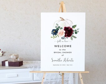 Burgundy Floral Bridal Shower Welcome Sign: White Pumpkin (Instant Download, POM)