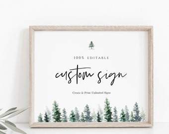 Plantilla de letrero de boda de pino perenne: Decoración personalizada para despedida de soltera (descarga instantánea)