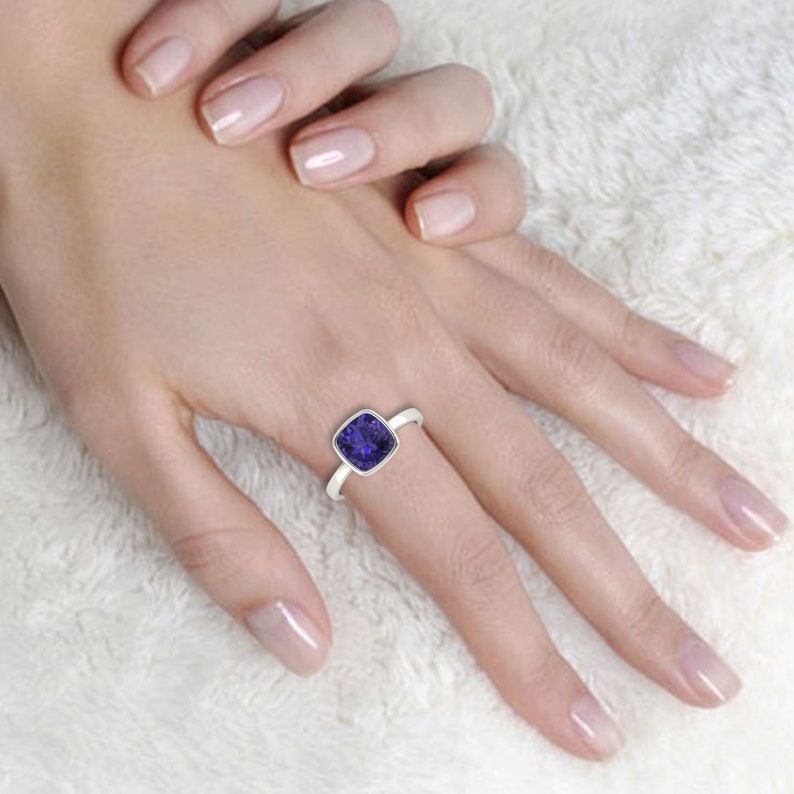 Blue Stone Ring Silver September Birthstone Blue Gemstone Ring Large Blue Gemstone Solitaire Cushion Iolite Ring Sterling Silver Ring