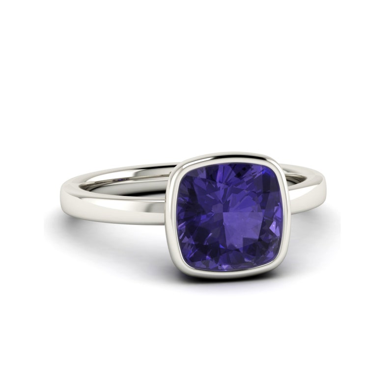 Blue Stone Ring Silver September Birthstone Blue Gemstone Ring Large Blue Gemstone Solitaire Cushion Iolite Ring Sterling Silver Ring