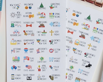 36 Holiday Stickers - USA or AU/UK ~ Updated // Planner Stickers for Erin Condren etc.  Optional add on for Canada, Christian, Jewish