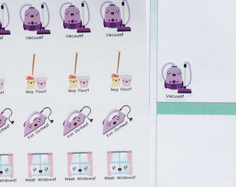 24 Kawaii (or Non Kawaii) Cleaning Stickers 2 // Planner Stickers for all. Cute | vacuum | mop | iron | wash windows | car