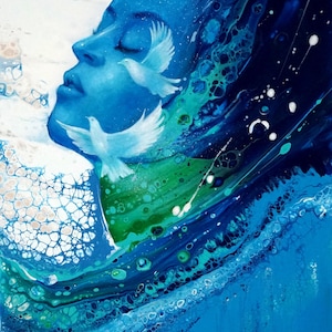 Ocean Woman Painting 70x50 cm – Blue Spiritual Wall Art – Acrylic on Canvas – Modern Abstract Sea Artwork – Large Statement Wall Decor