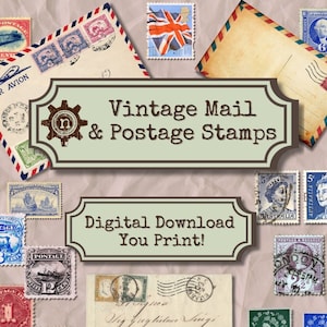 Znaczki pocztowe Vintage Mail do pobrania w wersji cyfrowej, do wydrukowania, do wykorzystania w albumie ze zdjęciami, do stron dziennika Junk