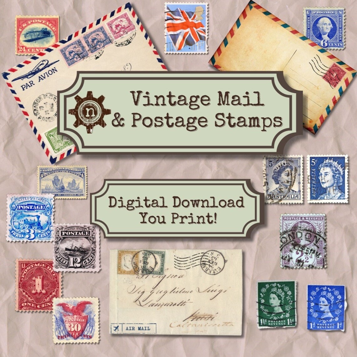 Vintage Mail Postage Stamps Digital Download Printable Ephemera ...