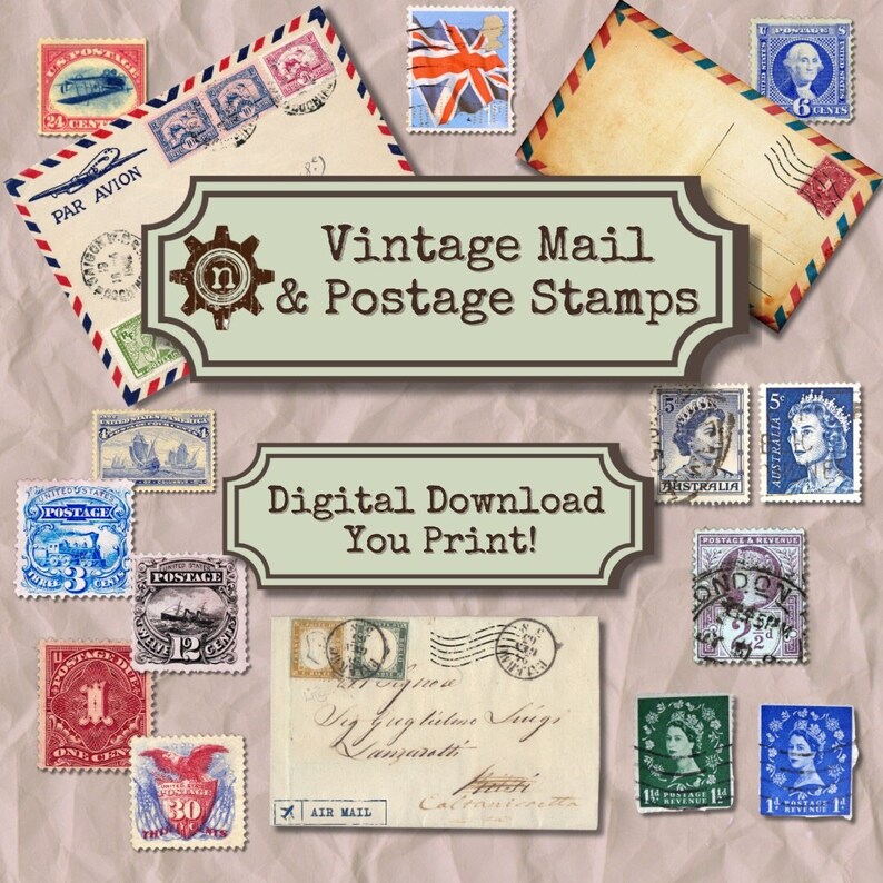 Vintage Mail Postage Stamps Digital Download Printable Ephemera ...