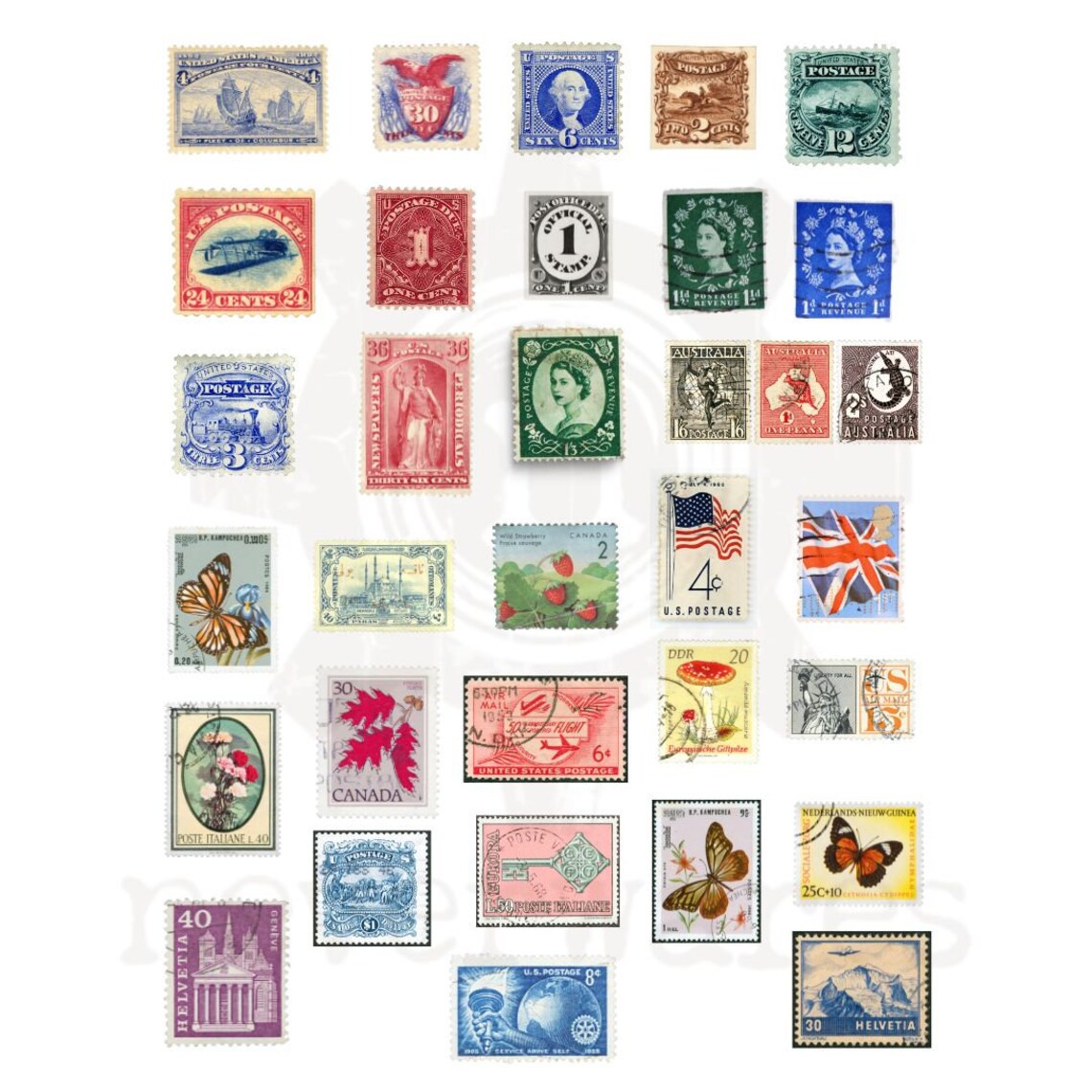 Vintage Mail Postage Stamps Digital Download Printable Ephemera ...